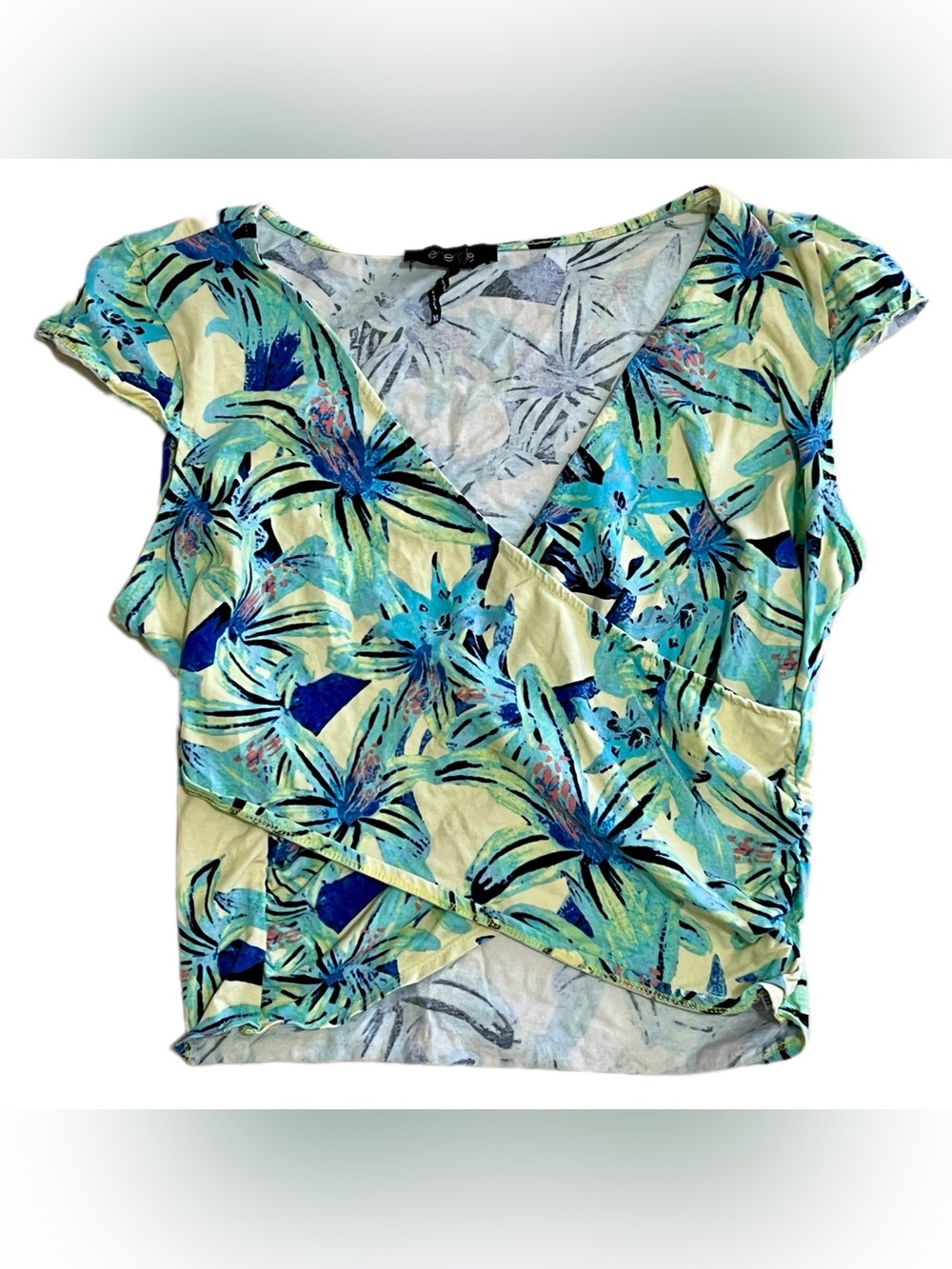 Energie Tropical Print Surplice Top in Yellow and Blue Junior Women’s XL